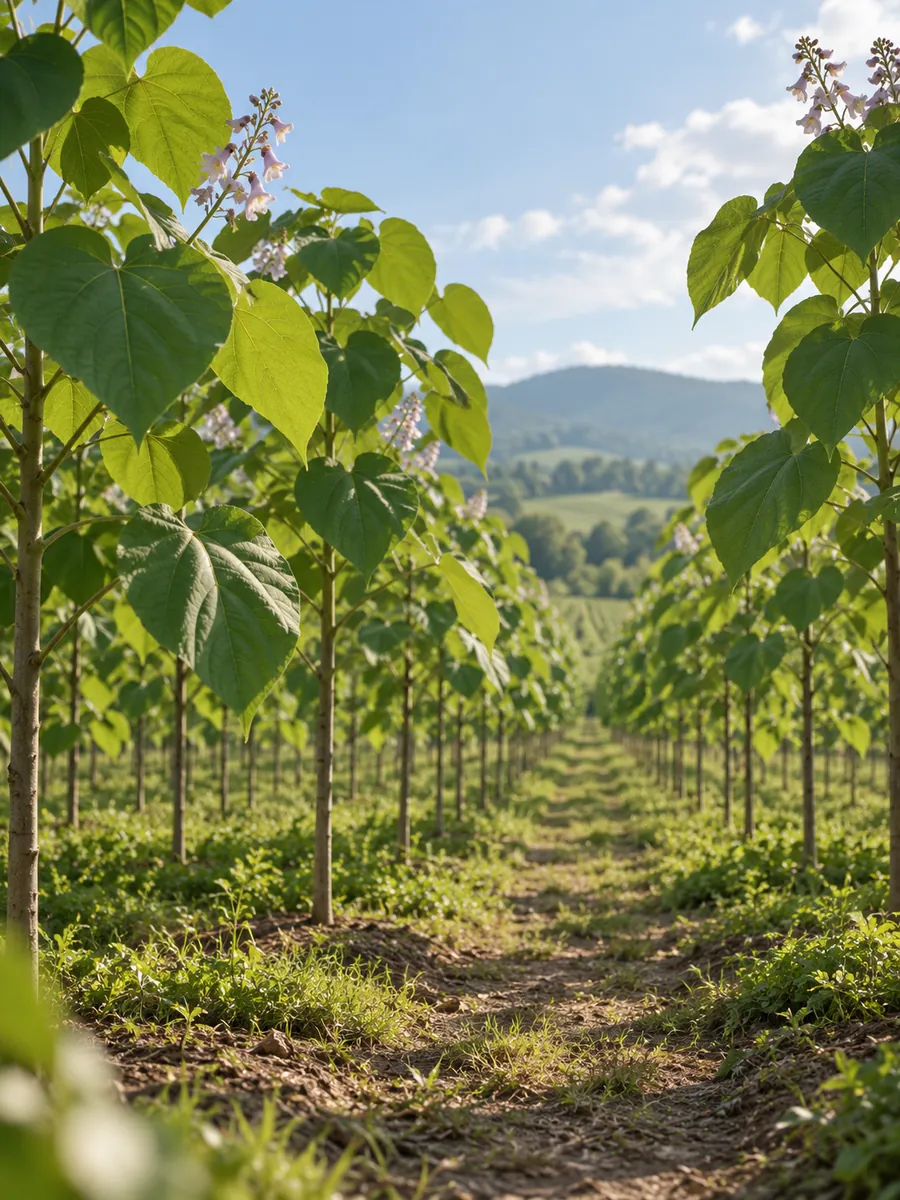 Looking down a row of young Paulownia trees in flower on a plantation, with hills behind