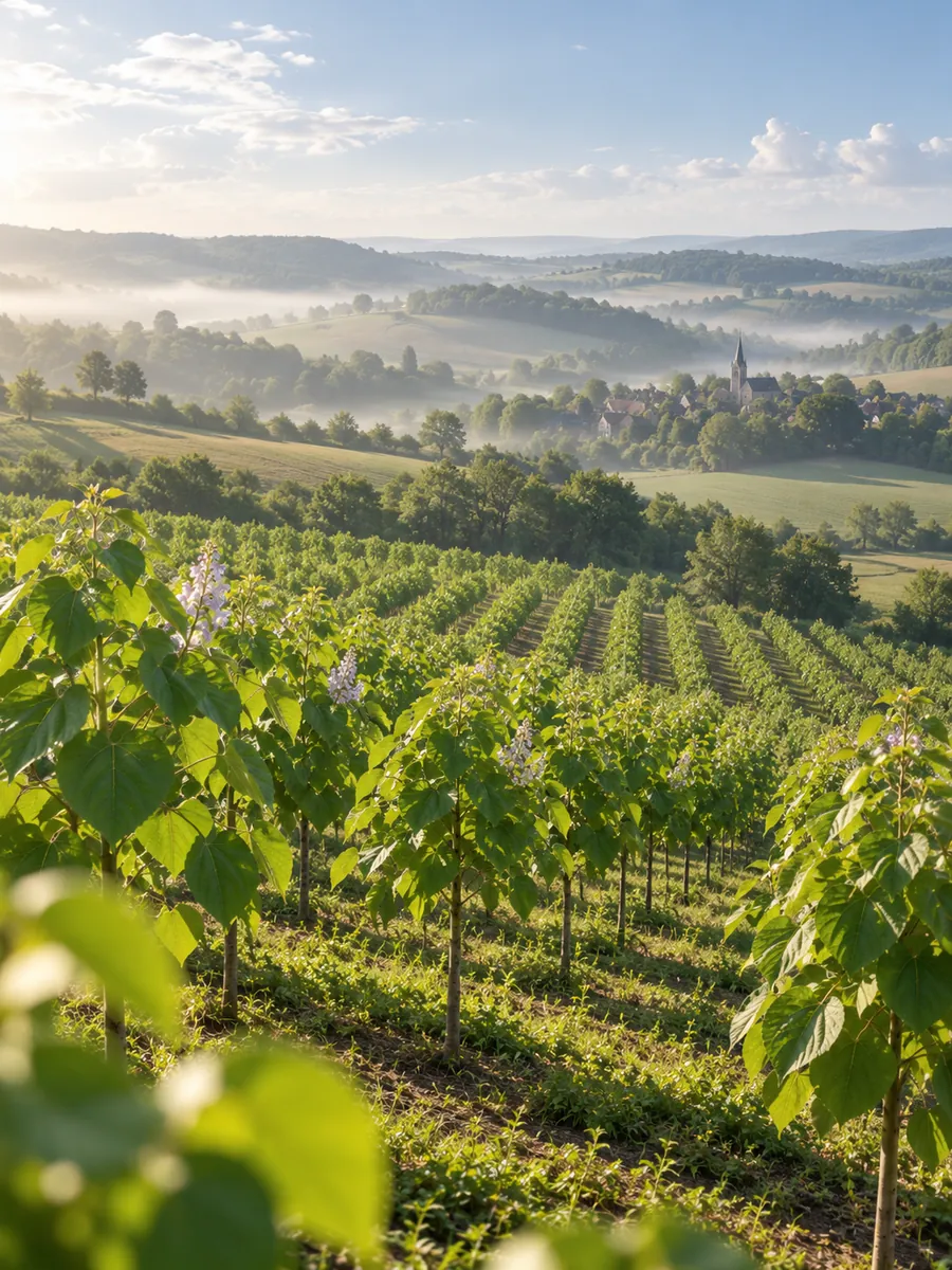 A Paulownia plantation planted in rows on a slope above a misty valley and a village