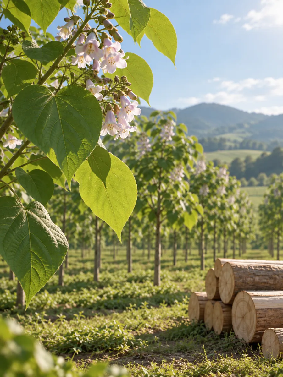 Paulownia flowers and leaves beside a stack of freshly cut Paulownia logs at the edge of a plantation